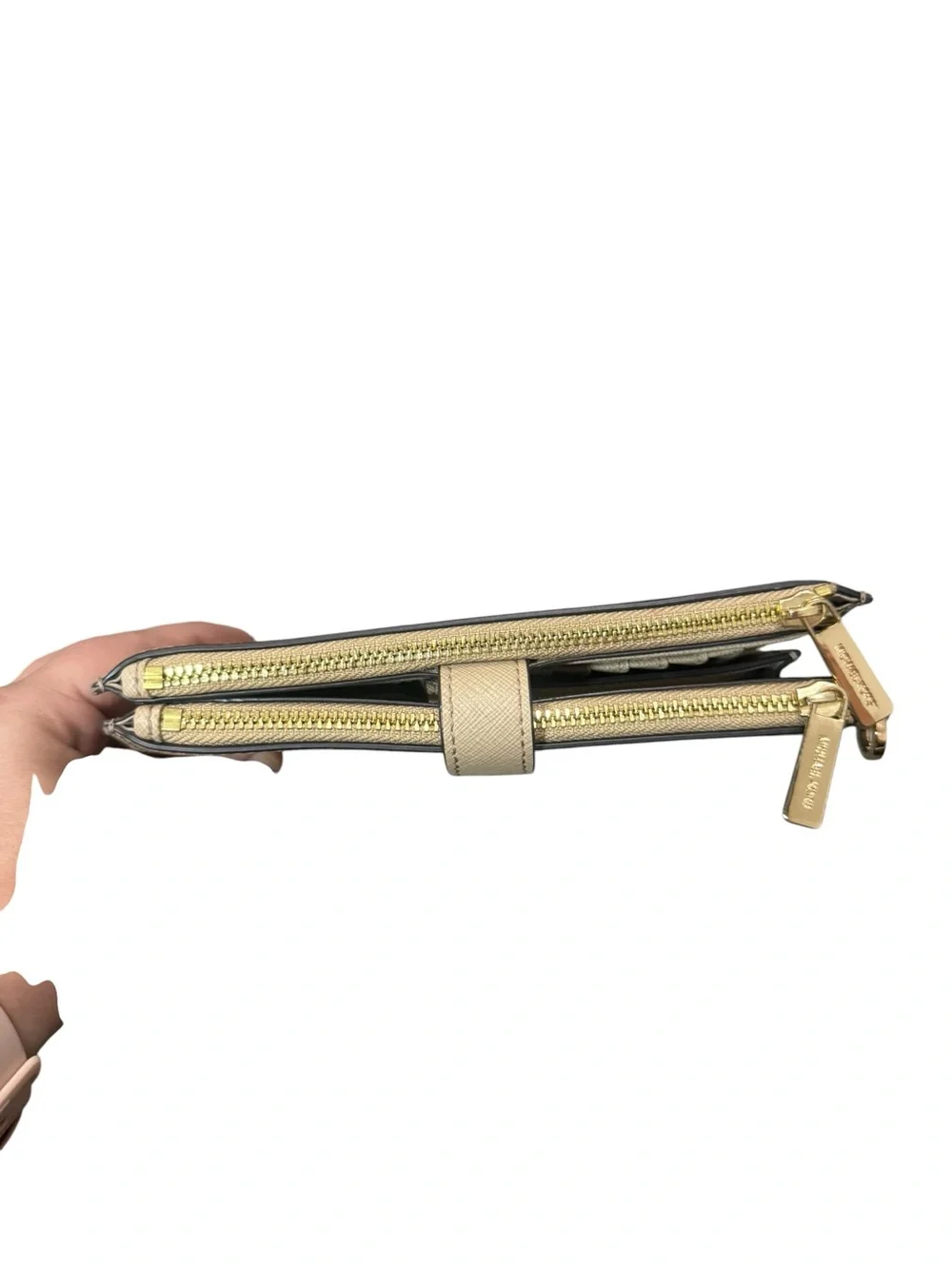 Michael Kors Light Beige Saffiano Zip Cosmetic Case with Gold Logo